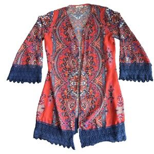 A&A Women Orange Paisley Bell Sleeve Crochet Trim Kimono Cardigan Size S